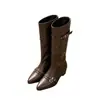 Nuevas botas de caballero vintage para otoño e invierno para mujer, con hebilla de cinturón y diseño de retazos, botas de caña alta con tacones gruesos y puntera cuadrada, botas versátiles hasta la rodilla