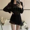 Top de tricô canelado com pérolas, design moderno e único, simples e minimalista para mulheres, adequado para o outono, top curto estiloso e jovial
