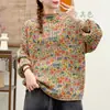 Tricô Estampado de Algodão 2025 Feminino Outono e Inverno Novo Gola Redonda Pulôver de Tricô Solto Tamanho Grande Tricô de Manga Longa