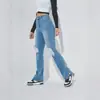 Calça jeans flare rasgada de cintura alta para mulheres, corte solto, calça azul clara com lavagem vintage, moderna