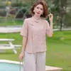 Conjunto de Ropa de Verano para Mamá, Nueva Blusa de Moda Nacional Estilo Chino para Mujer, Nuevo Modelo 2026, Top Bordado de Manga Corta con Pantalones de Nueve Puntos para Mujeres de Mediana Edad y Mayores