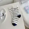 Versão Coreana Dongdaemun Azul Desenho Animado Fofo Listrado Color Block Meias Femininas Algodão Sem Costura Três Dimensionais para Mulheres