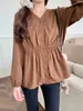 Camisa de Manga Longa com Decote V Estilo Francês Plus Size para Mulheres, Novo Design de Primavera e Outono, Valoriza Figuras Curvilíneas, Camisa Emagrecedora, Top que Rejuvenesce