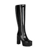 Botas de moda de punta redonda con cremallera lateral, botas de charol, botas de tubo alto brillantes transfronterizas para otoño e invierno, botas impermeables de plataforma versátiles para mujer de talla grande