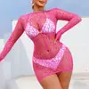 Ropa Sexy de Malla Hueca Transparente de Importación Transfronteriza Europea y Americana, Atractivo Vestido Bodycon Ajustado de Manga Larga de Alta Elasticidad, Atuendo Sexy para Chica Caliente
