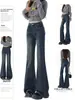 Calça Flare Azul Retrô Americana Feminina Outono Novo Estilo Tamanho Grande Cintura Alta Emagrecedor Elástico Versátil Jeans Flare