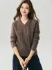 Moda Retrô para o Trabalho~75% Caxemira 25% Seda de Amora Tricô Feminino Cinco Agulhas Fio Fantasia Gola V Suéter Solto Emagrecedor