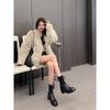 Versión de Piel de Vaca ~ Botines Cortos Ajustados de Tacón Grueso y Punta Redonda Estilo Retro para Mujer Botas Lavadas Hechas a Mano de Cuero Genuino Botines Chelsea Ajustados
