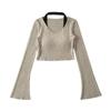 Otoño Nuevo Spice Girl Falso Dos piezas Cuello Halter Cuerno Manga Larga Suéter de Punto Diseño Sensación Ajustado Corto Camiseta Básica