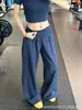 Calças de Treino Azuis Escuras Estilo Americano Cintura Alta Finas Soltas Emagrecedoras para Mulheres Verão Cintura Alta Caimento Perna Larga Calças de Yoga
