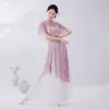 Cheongsam Melhorado Estilo Chinês Traje Clássico para Prática de Dança para Mulheres, Vestido de Gaze com Estampa de Borboleta Gola Alta Manga Curta para Apresentação de Dança