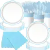 Louça descartável lisa de cor sólida para decoração de festa de aniversário, em rosa, azul e verde sálvia, incluindo pratos de papel e copos de papel.