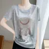 Camiseta de verão casual estampada com desenho, gola redonda, manga curta, de Lyocell, caimento solto, alta qualidade, respirável, para mulheres