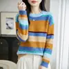 Nueva Colección Otoño/Invierno 2026: Suéter de punto para mujer de manga larga y cuello redondo con rayas de hilo de colores, jersey de ajuste holgado como capa base