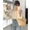 Blusa de Renda de Alta Qualidade Estilo Francês, Ombro a Ombro com Babados e Mangas Sino para Mulheres, Top Rosa Puro Solto Estilo Fada para Primavera