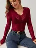 Camisa de base decorativa em renda floral sexy de camada única em forma de leque, nova para outono e inverno 2024, transfronteiriça europeia e americana, para mulheres