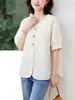 Camisa bordada de cuello redondo para mujer, manga tres cuartos, diseño de verano 2026, top bordado con botones coloridos, camisa de algodón puro