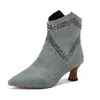 40-50 Talla Grande Europea Comercio Exterior Transfronterizo Otoño/Invierno Botas de Mujer Remaches Metálicos Tacón Medio Cremallera Trasera Botines Botas Cortas Mezclilla