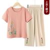 Trajes de Verano para Mujeres de Mediana Edad y Mayores, Camisetas de Manga Corta para Abuela, Conjunto de Dos Piezas Bordado para Madre, Ropa de Verano de Algodón Puro para Personas Mayores
