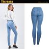 Marca própria fina de mola Fita de pérola Jeans lápis de ganga novo jeans de cintura alta de cor clara europeu e americano para mulheres