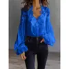 Camisa Feminina de Renda Patchwork com Mangas Bufantes Plissadas - Moda Independente Europeia e Americana 2026