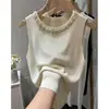 Top de tirantes blanco para mujer, nuevo, corte ajustado, tejido fino de seda helada, decoración de cuentas, cuello redondo, sin mangas