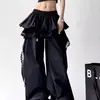 Calça Jazz de Perna Larga com Patchwork de Renda Falsa de Duas Peças para Mulheres, Novo Estilo de Verão, Calça Casual de Dança de Rua Solta de Alta Qualidade Preta