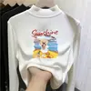Camiseta de manga larga con forro polar para niña, capa interior de otoño e invierno, top infantil de cuello semi-alto con estampados de dibujos animados