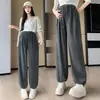 Pantalones de pierna ancha de maternidad para primavera, otoño e invierno, con hebilla de nariz de cerdo, soporte abdominal casual, forro polar, engrosados, pantalones largos para usar en invierno
