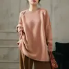 Suéter de lã pura macia com mangas raglan, novo, para outono e inverno, plus size, para mulheres, gola redonda, blusa solta de comprimento médio, casaco estilo casual
