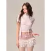 Camiseta Corta de Punto para Mujer, Manga Corta, Cuello Mock, Estilo Dulce y Picante Americano, con Lazo y Muñeca Joven, para Primavera Verano