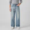 Roupas masculinas APO Jeans retos lavados de estilo americano moderno e transfronteiriço para homens, apresentando um design retrô cat-eye, um corte relaxado e um estilo limpo e moderno