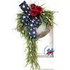 Nuevo producto transfronterizo de Amazon: Corona del Día de la Independencia de Estados Unidos con hortensias, rosas, guirnalda roja, blanca y azul, adorno colgante decorativo