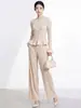 Conjunto de dos piezas Miyake más vendido: cárdigan elegante y moderno con volantes, top de manga larga y pantalones de pierna recta