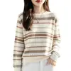 Suéter de punto de cuello redondo de lana peinada fina al por mayor transfronterizo con jacquard de color contrastante, suéter de punto holgado vintage estilo europeo y americano