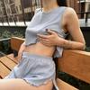 Traje de chaleco sin mangas con cuello redondo y shorts, sexy transfronterizo, color sólido, hueco, delgado, jacquard, traje de pijama, conjunto de dos piezas para mujer