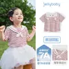 [7A Antibacteriano] Camiseta de Manga Curta para Meninas Pequenas Roupa de Verão para Bebês Top Listrado Roupas Infantis Meninas Gola Azul Marinho