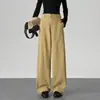 Pantalones casuales de pierna ancha color caqui estilo americano para mujer, diseño de otoño, cintura alta, corte holgado, versátiles, con botones ocultos, pantalones de vestir de pierna recta