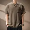 Camiseta de lino para hombre con cuello mao estilo chino, escote en V, manga corta, nueva marca de ropa de trabajo de verano moderna, camiseta Polo de media manga para hombre