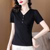 23 Xia Xin Nova Camiseta Preta de Manga Curta Feminina Gola V Pulôver Cor Lisa Manga Meia Manga Cintura Interna Estilo Coreano Top e Camisa Pequena