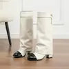 Versão Transfronteiriça de Pele de Ovelha~Botas Longas de Salto Alto Femininas Estilo Pequena Fragrância Bloqueio de Cores Couro Genuíno Botas Altas Moda Bico Redondo Salto Grosso Botas de Montaria