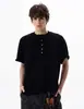 Camiseta Casual Lisa Texturizada Estilo Americano Unissex de Manga Curta em Tricô com Costela e Gola Henry Retrô