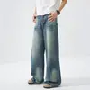 2026 Nova Marca Americana de Rua Tendência Bigodes de Gato Jeans Lavado Jeans Reto Solto Tendência Jeans Masculino Algodão