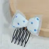 Pente para Cabelo com Laço em Tecido de Renda Floral com Bolinhas e Xadrez Azul Suave Franja Doce Acessório de Cabelo com Coroa Alta