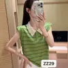 Top de punto con cuello de encaje calado a rayas y bloques de color estilo francés para mujer, nuevo modelo de verano, corte holgado, adelgazante, top sin mangas versátil