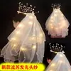 Velo de Celebridad de Internet con Luces, Corona de Perlas con Borlas de Doble Capa, Tocado de Velo con Lazo de Cinta de Doble Capa. Vestido de Novia