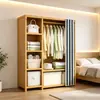 Armario de madera maciza con puertas de tela, adecuado para dormitorios del hogar, diseño simple de estilo abierto, ideal para propiedades de alquiler, gran capacidad, con compartimentos para colgar y apilar para un almacenamiento organizado