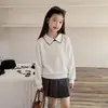 Suéter pullover estilo preppy para niñas Aimobebe con cuello de muñeca, top de punto con bloques de color, costuras de contraste y cuello doblado, adecuado para niños mayores