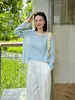 26 Camisa de Lino y Tencel para Mujer, Estilo Perezoso Rayas Bloques de Color, Protección Solar para Principios de Otoño, Top Holgado de Cuello Redondo 1513 Siyuan