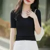 Camiseta de punto de manga corta con cuello en U para mujer, estilo coreano ajustada, capa base fina, manga de tres cuartos, top versátil adelgazante de manga corta
